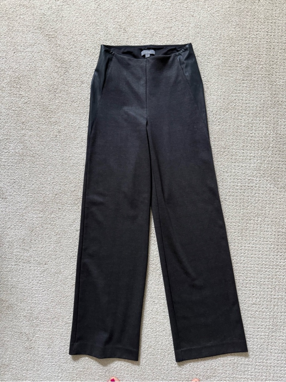 Lysse’ Glen Plaid Classic Wide-Leg Black Pants with vegan leather trim/detailing